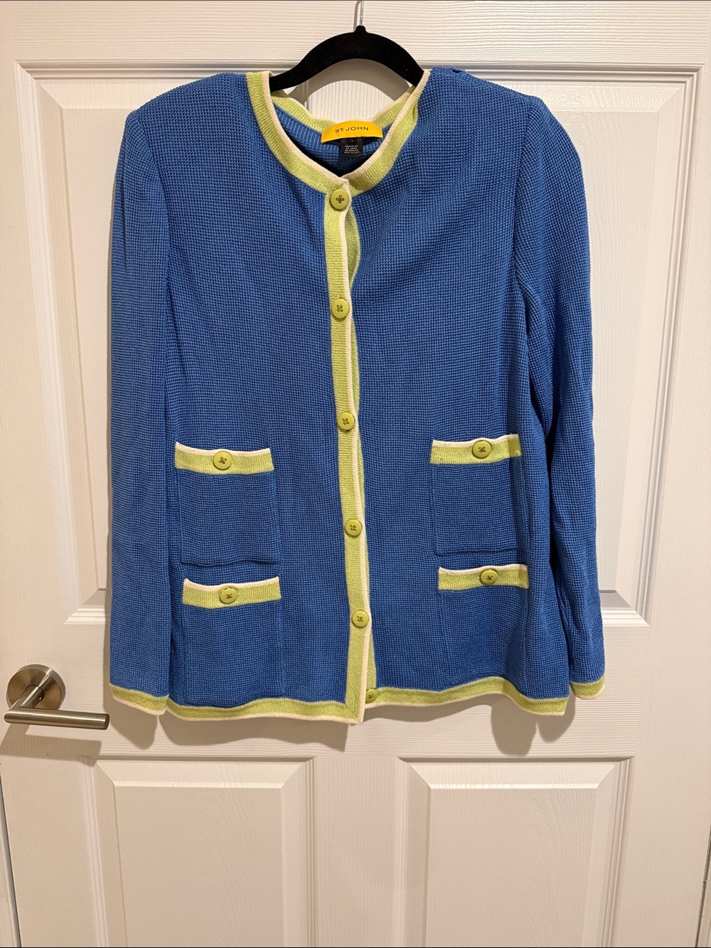 St. John Blue Knit Jacket with Lime Trim and Buttons
